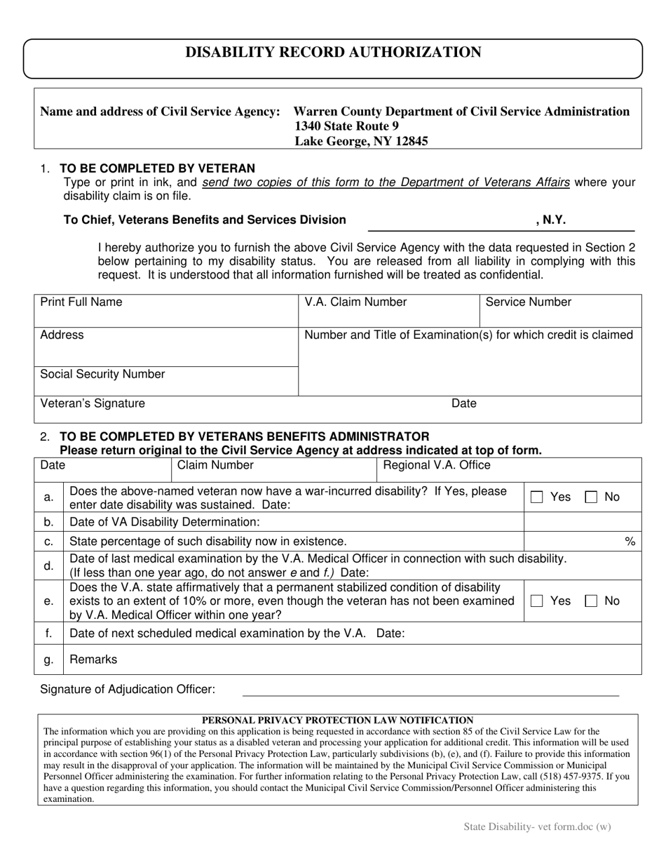 Disability Record Authorization - Warren County, New York, Page 1