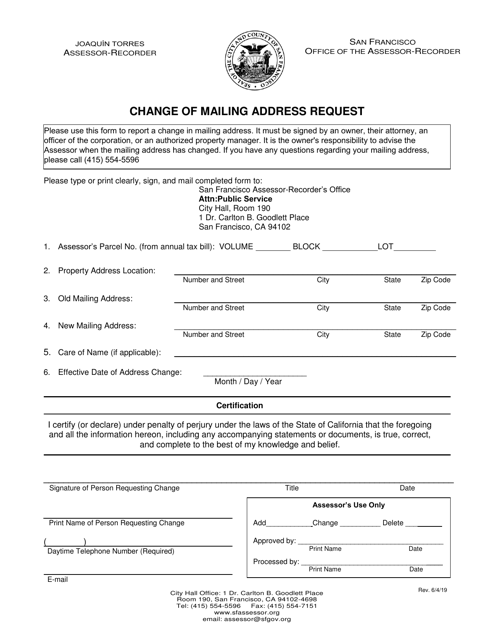 Change of Mailing Address Request - City and County of San Francisco, California Download Pdf