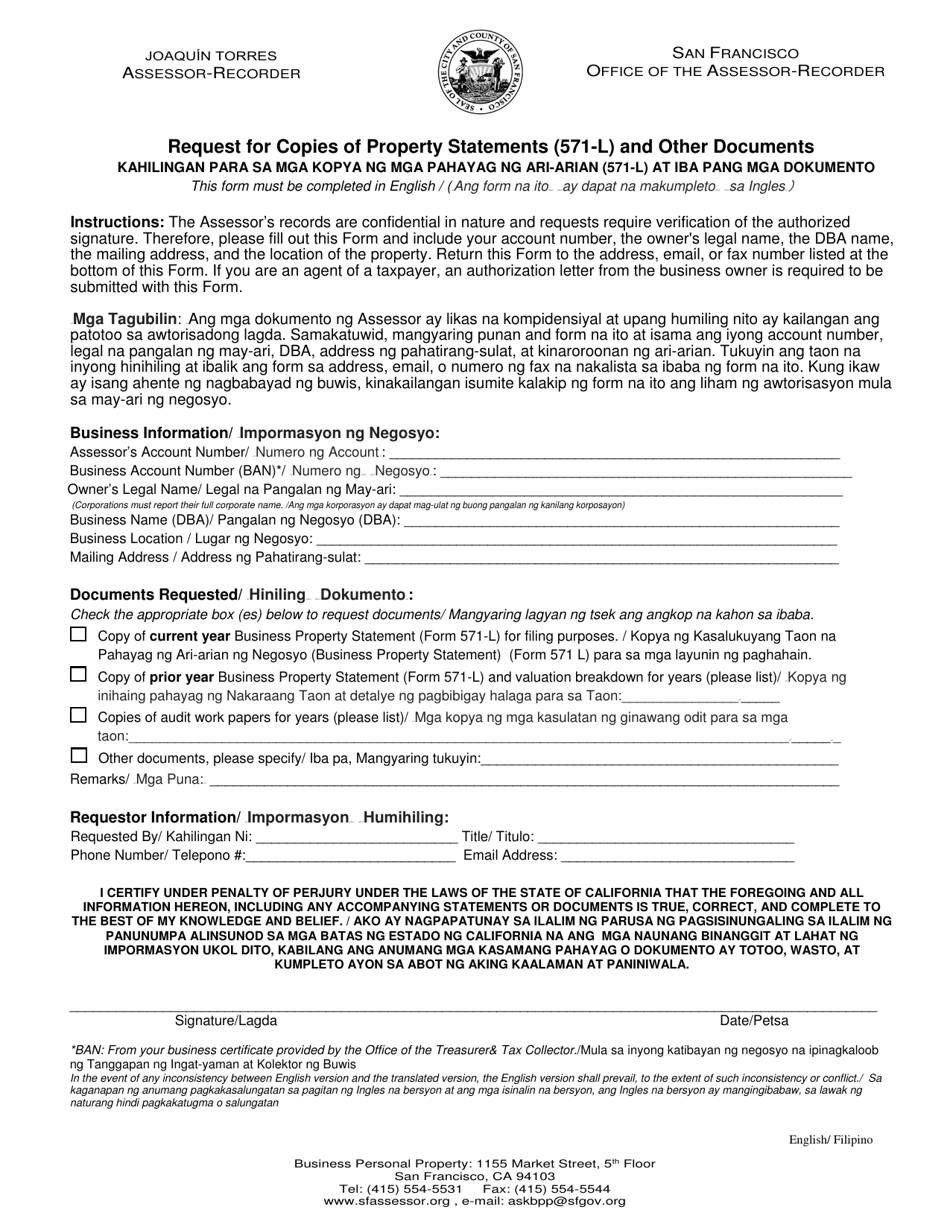 Request for Copies of Property Statements (571-l) and Other Documents - County of San Francisco, California (English/Tagalog), Page 1