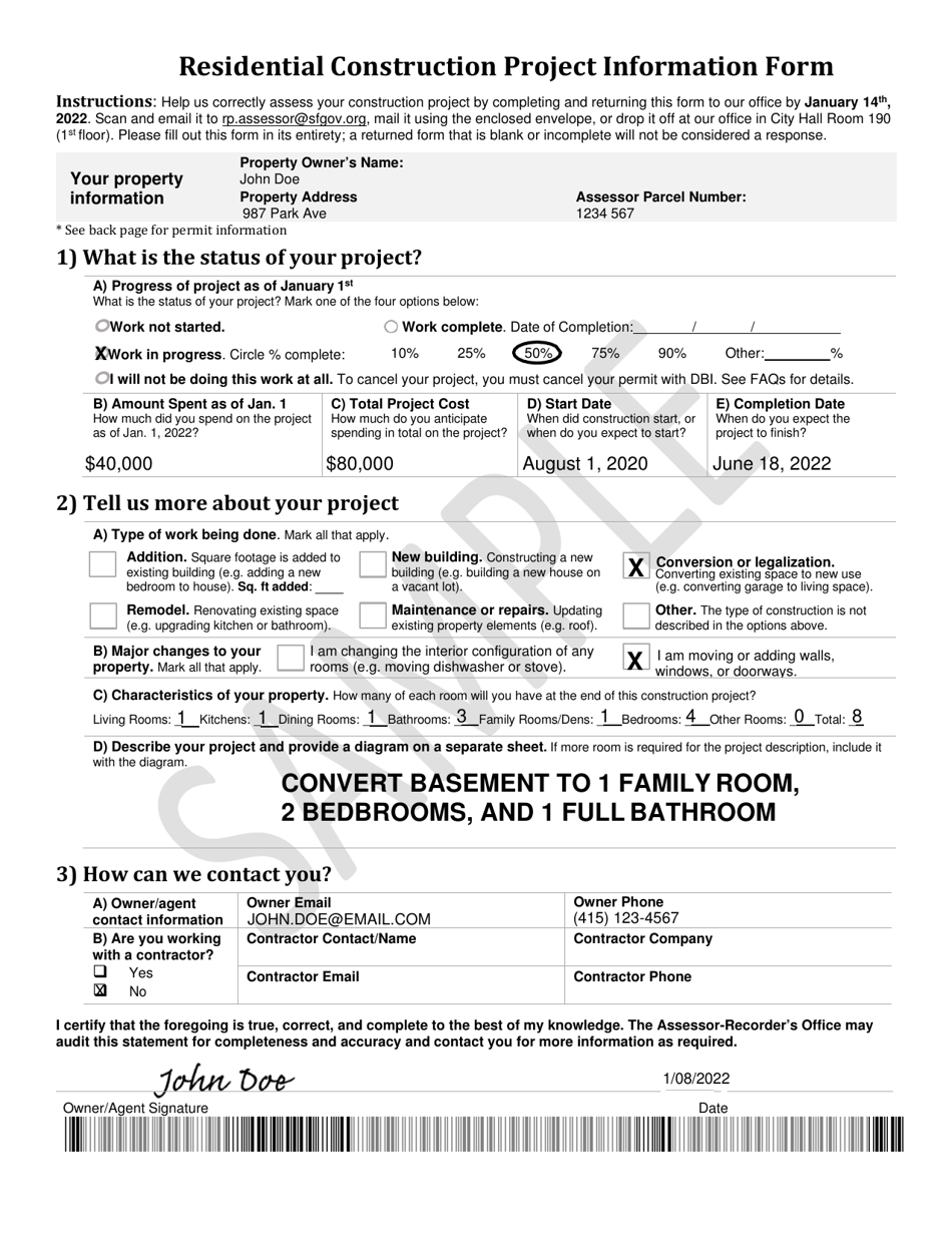 Sample Residential Construction Project Information Form - City and County of San Francisco, California, Page 1