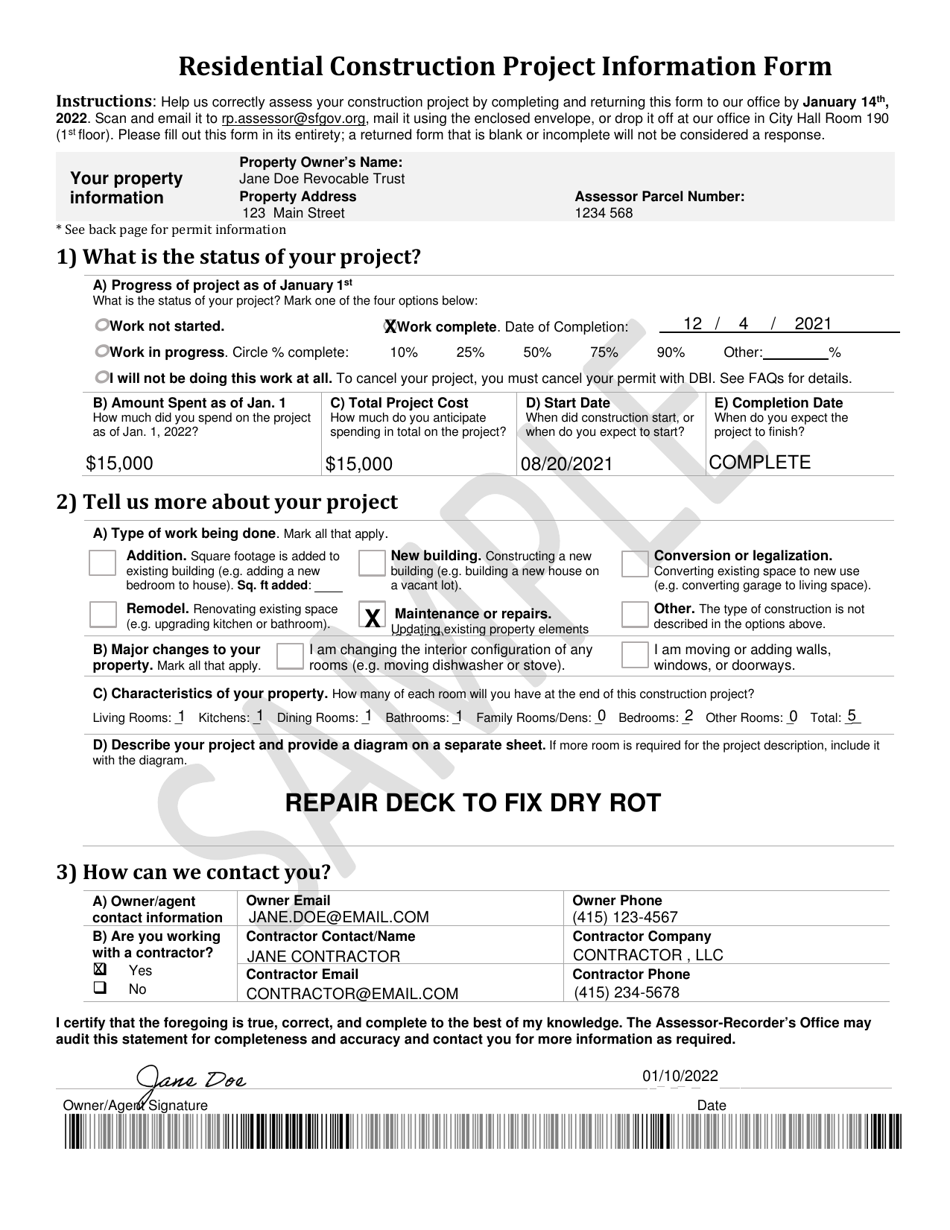 Sample Residential Construction Project Information Form - City and County of San Francisco, California, Page 6