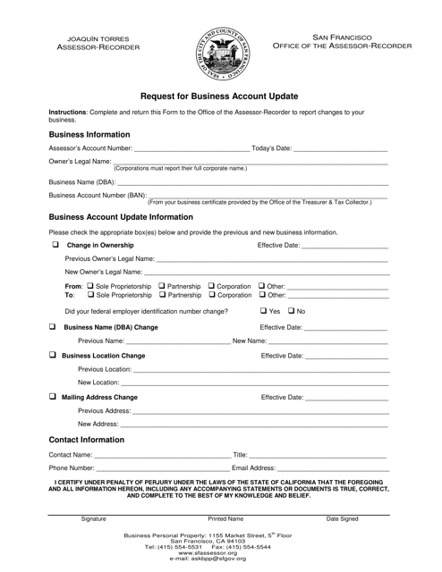 Request for Business Account Update - City and County of San Francisco, California Download Pdf