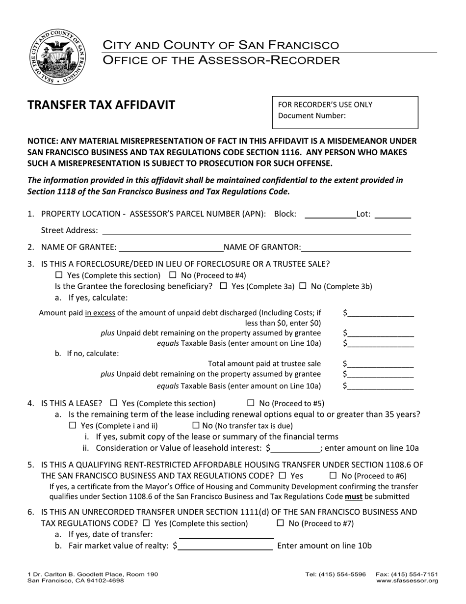 Transfer Tax Affidavit - City and County of San Francisco, California, Page 1