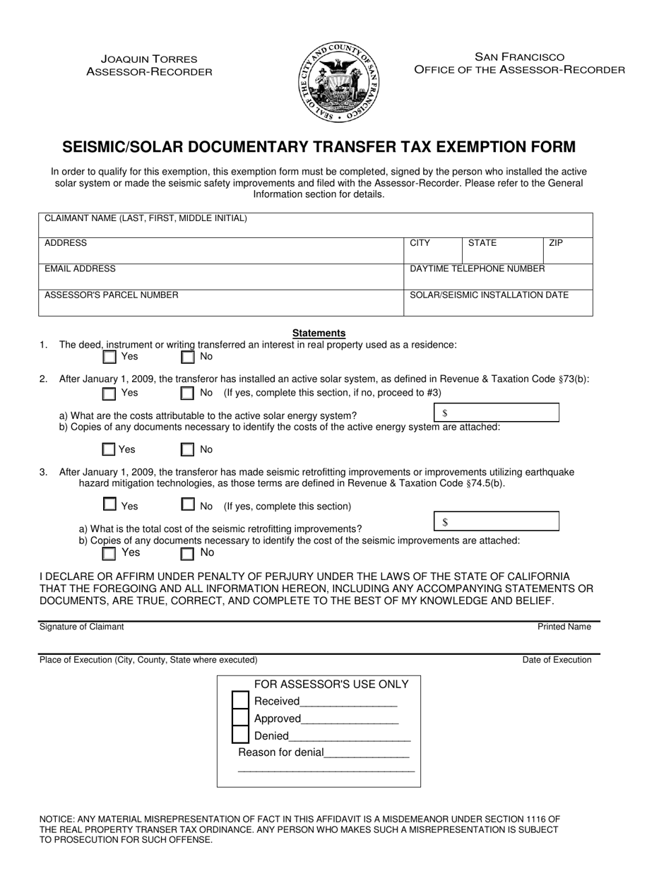 Seismic / Solar Documentary Transfer Tax Exemption Form - City and County of San Francisco, California, Page 2