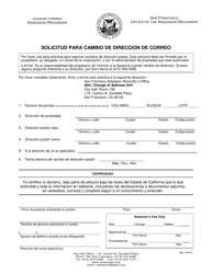 Document preview: Solicitud Para Cambio De Direccion De Correo - City and County of San Francisco, California (Spanish)
