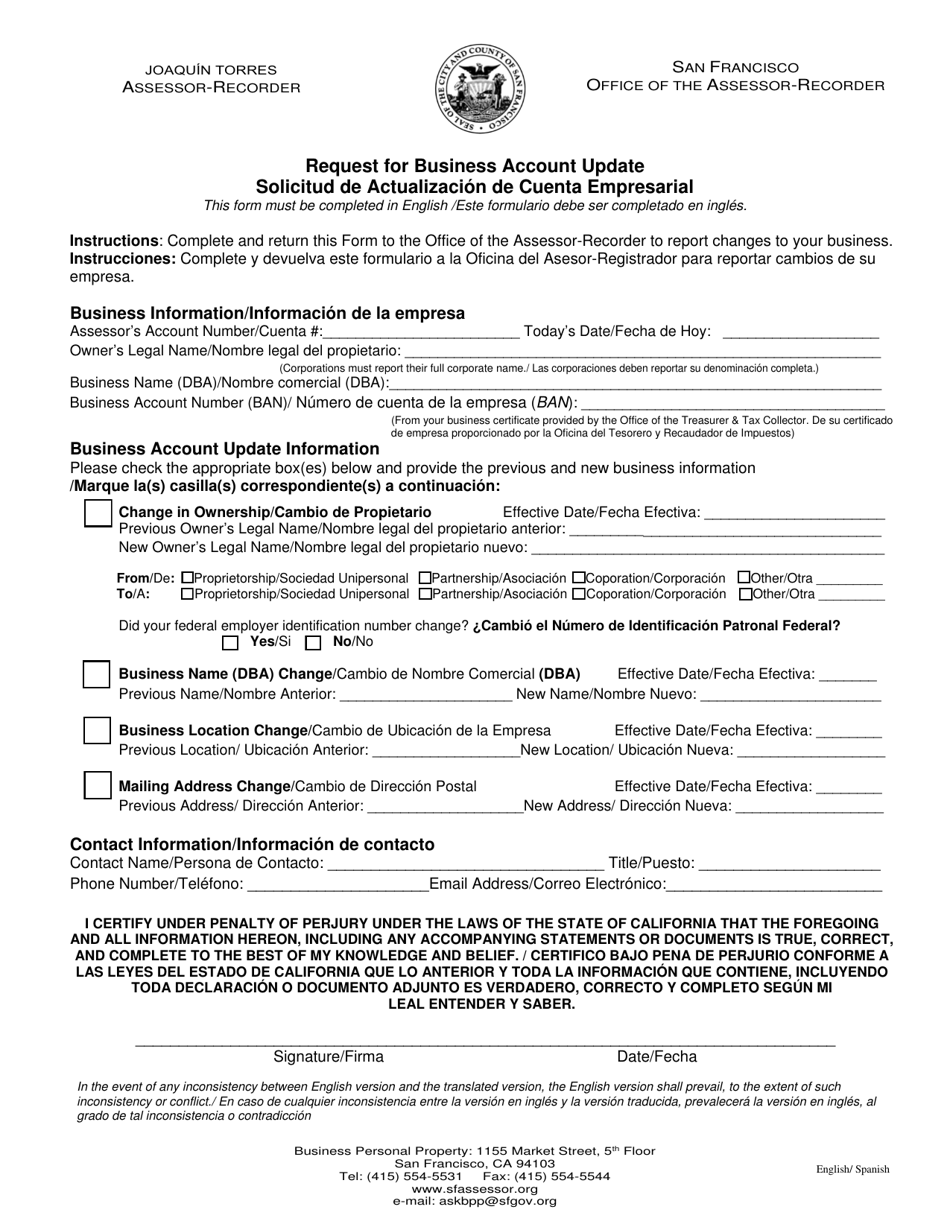 Request for Business Account Update - City and County of San Francisco, California (English/Spanish), Page 1