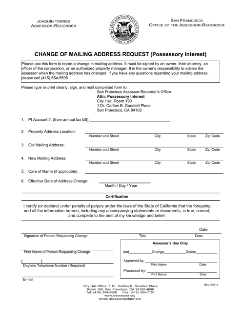 Change of Mailing Address Request (Possessory Interest) - City and County of San Francisco, California Download Pdf
