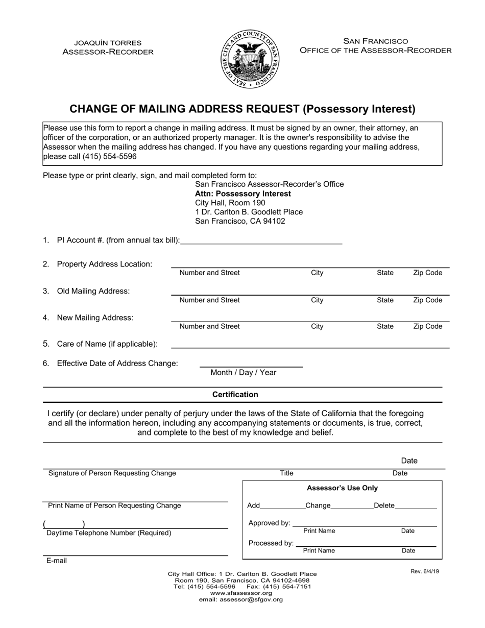 Change of Mailing Address Request (Possessory Interest) - City and County of San Francisco, California, Page 1