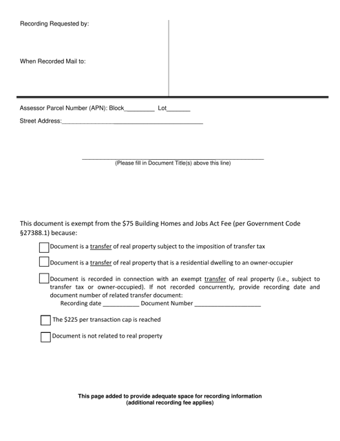 Sb2 Exemption Recording Coversheet - City and County of San Francisco, California Download Pdf