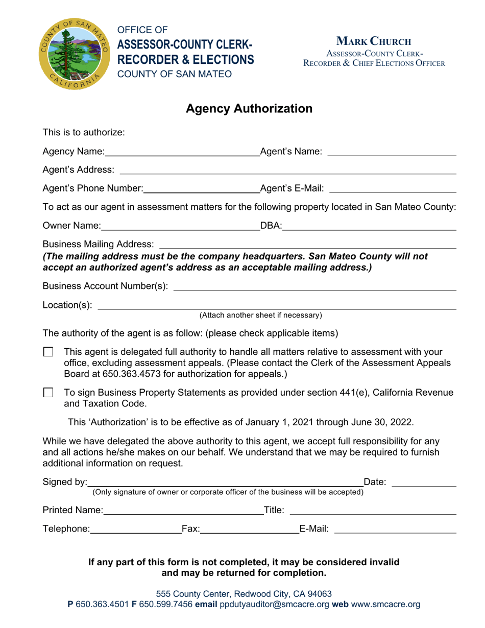 Agent Authorization - County of San Mateo, California, Page 1