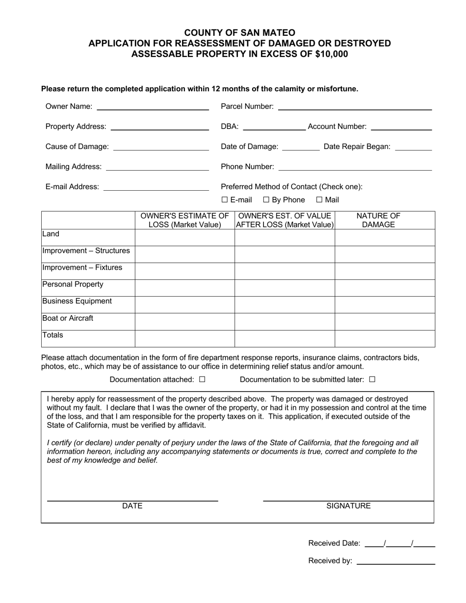 Application for Reassessment of Damaged or Destroyed Assessable Property in Excess of $10,000 - County of San Mateo, California, Page 2