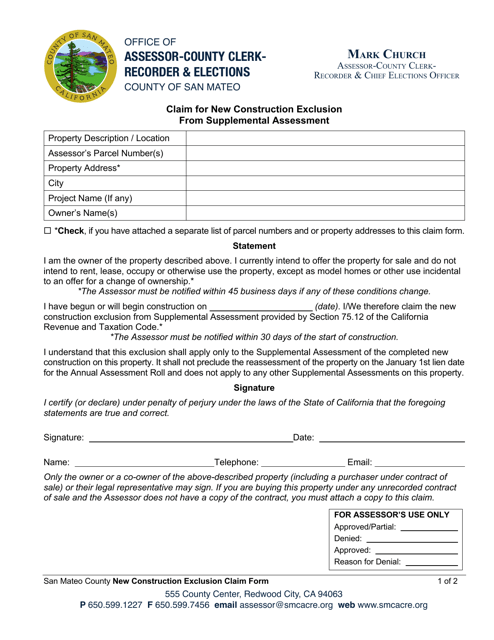 Claim for New Construction Exclusion From Supplemental Assessment - County of San Mateo, California Download Pdf