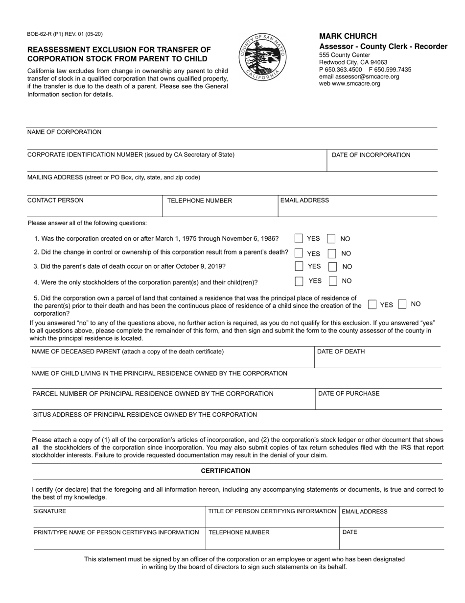 Form Boe 62 R Fill Out Sign Online And Download Fillable Pdf County Of San Mateo California 3253