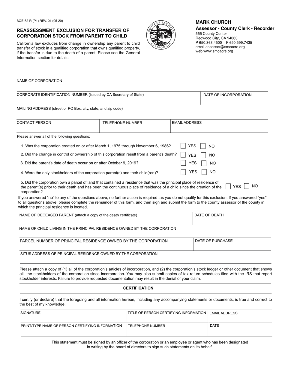 Form BOE-62-R Reassessment Exclusion for Transfer of Corporation Stock From Parent to Child - County of San Mateo, California, Page 1