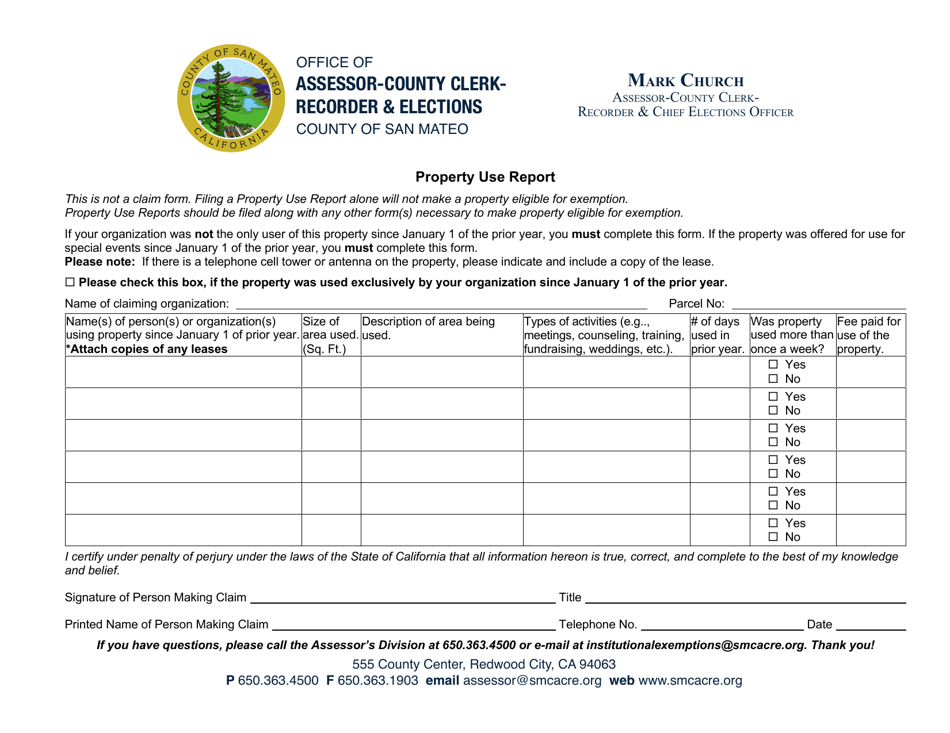 County of San Mateo, California Property Use Report Download Fillable