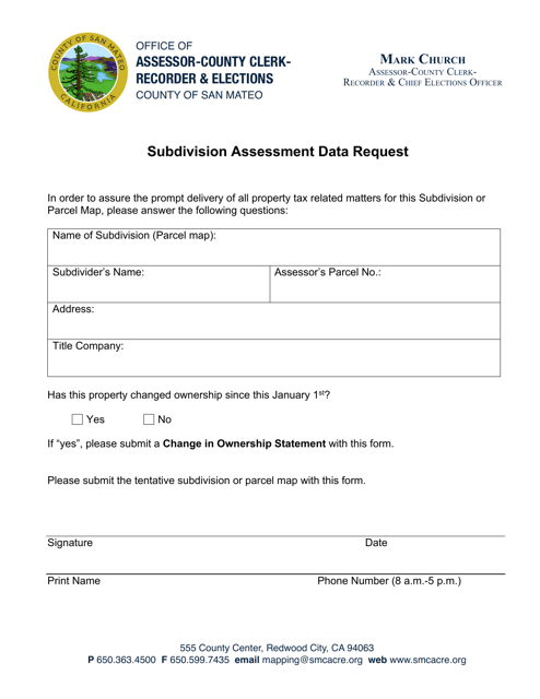 Subdivision Assessment Data Request - County of San Mateo, California Download Pdf