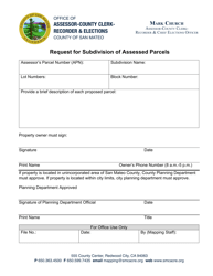 Document preview: Request for Subdivision of Assessed Parcels - County of San Mateo, California