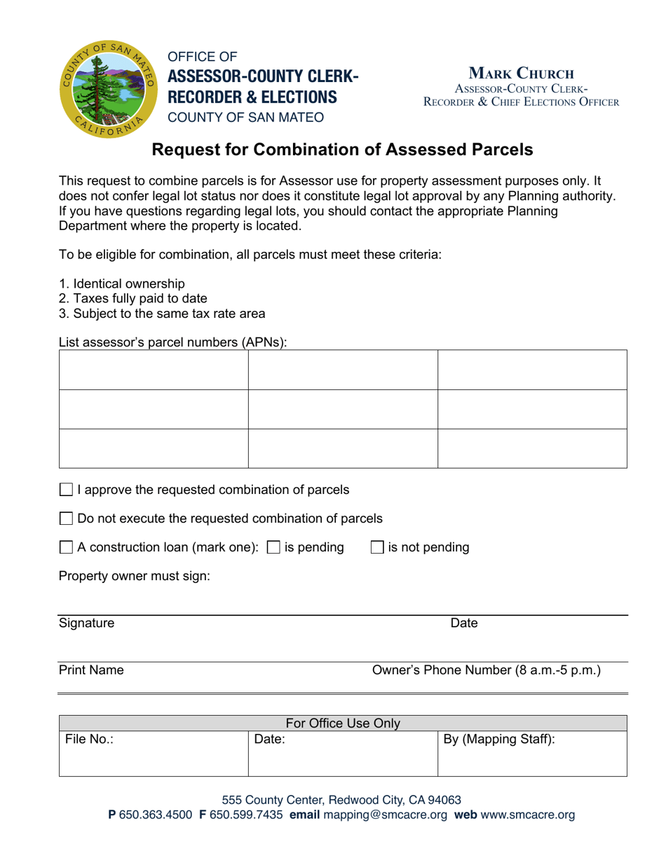 Request for Combination of Assessed Parcels - County of San Mateo, California, Page 1