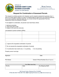 Document preview: Request for Combination of Assessed Parcels - County of San Mateo, California