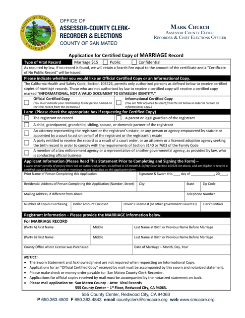 Application for Certified Copy of Marriage Record - County of San Mateo, California Download Pdf