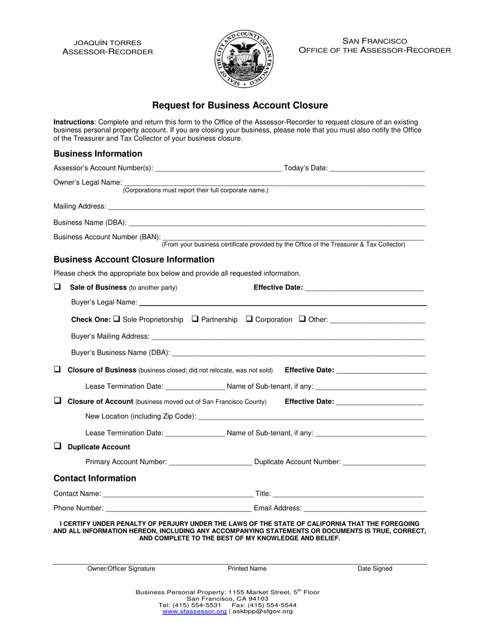 Request for Business Account Closure - City and County of San Francisco, California, Page 1