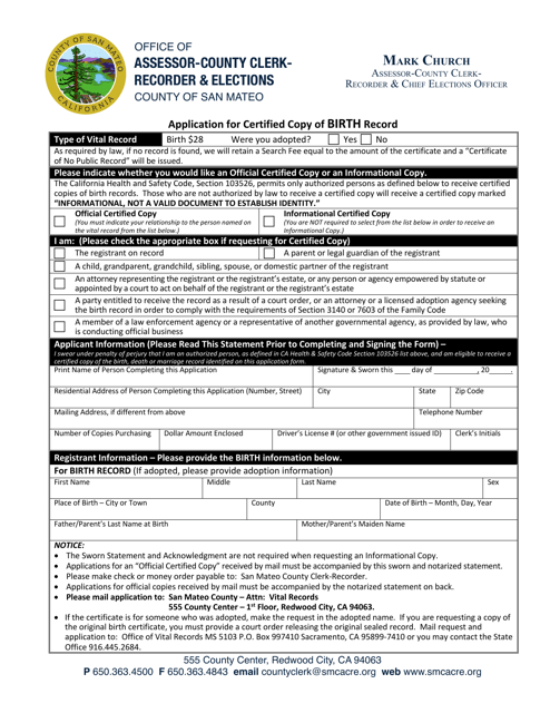 Application for Certified Copy of Birth Record - County of San Mateo, California Download Pdf