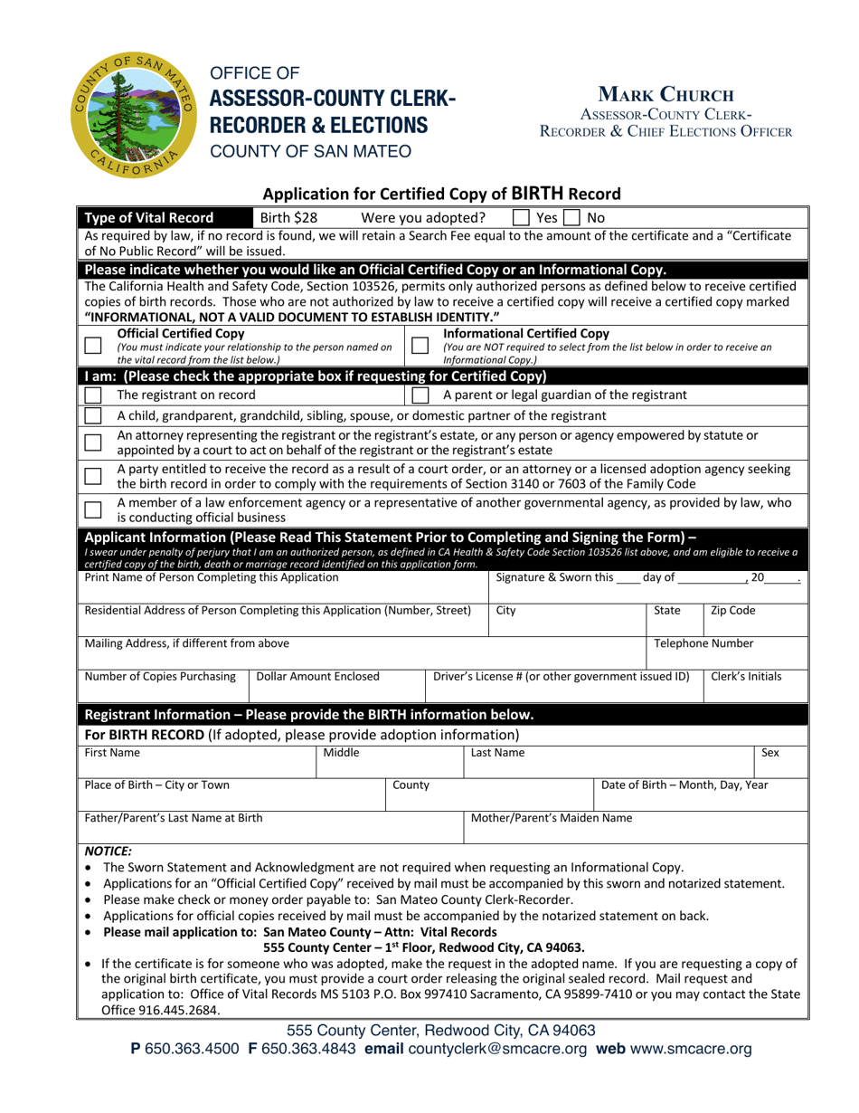 Application for Certified Copy of Birth Record - County of San Mateo, California, Page 1