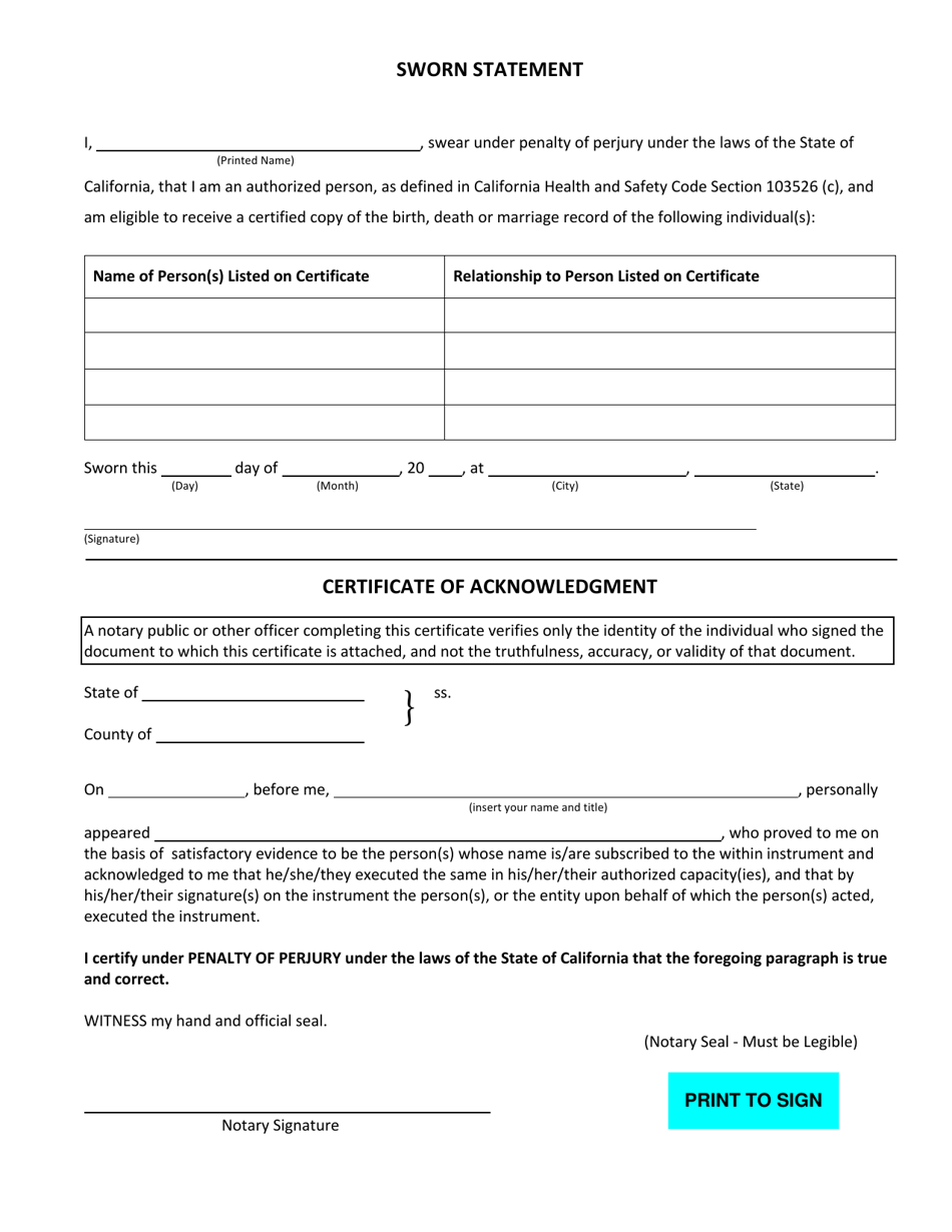 Application for Certified Copy of Birth Record - County of San Mateo, California, Page 2