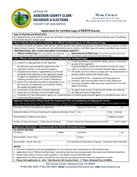 Document preview: Application for Certified Copy of Death Record - County of San Mateo, California
