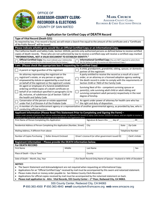 Application for Certified Copy of Death Record - County of San Mateo, California Download Pdf