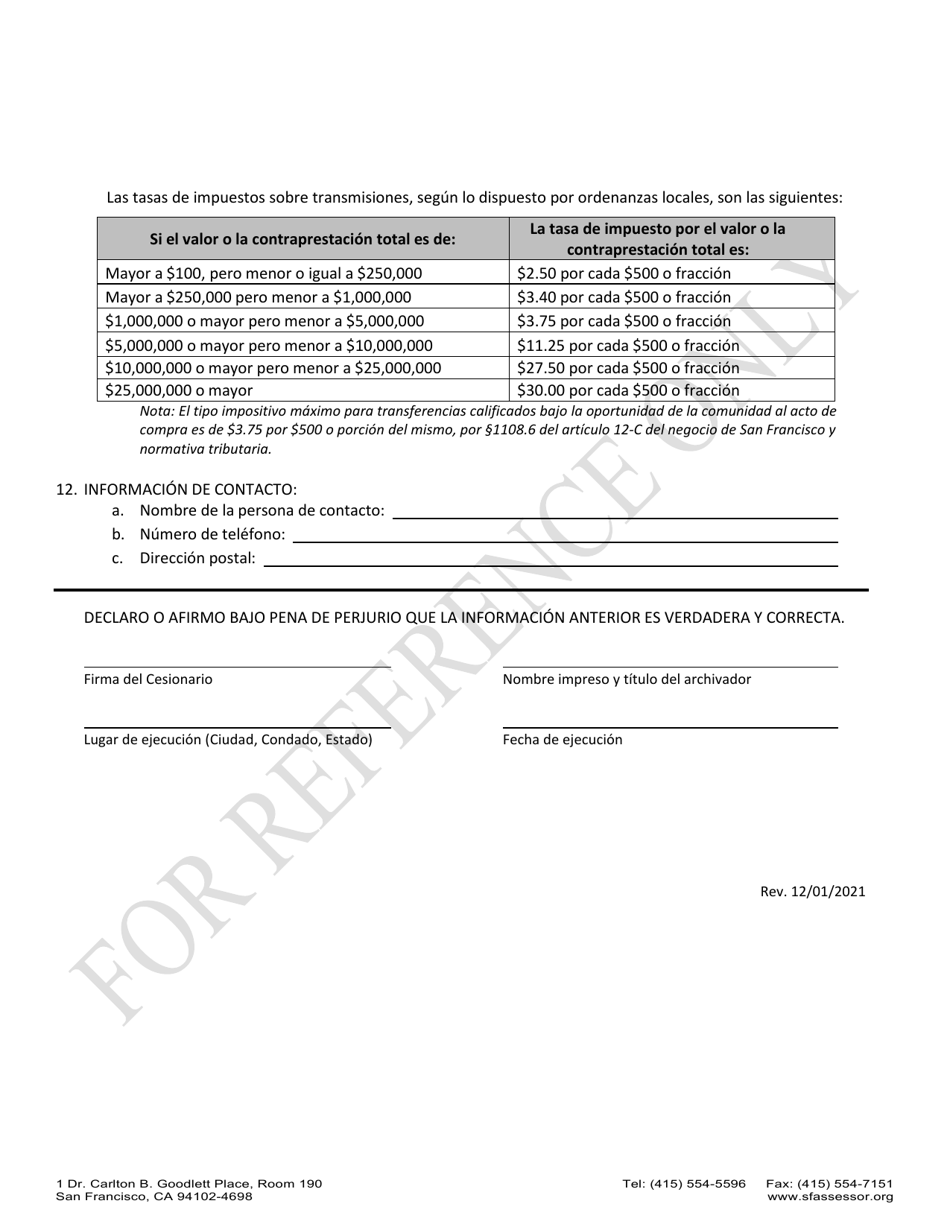 City And County Of San Francisco California Declaracion Jurada De Impuesto Sobre Transmisiones 9647