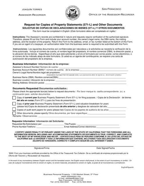 Request for Copies of Property Statements (571-l) and Other Documents - City and County of San Francisco, California (English/Spanish) Download Pdf