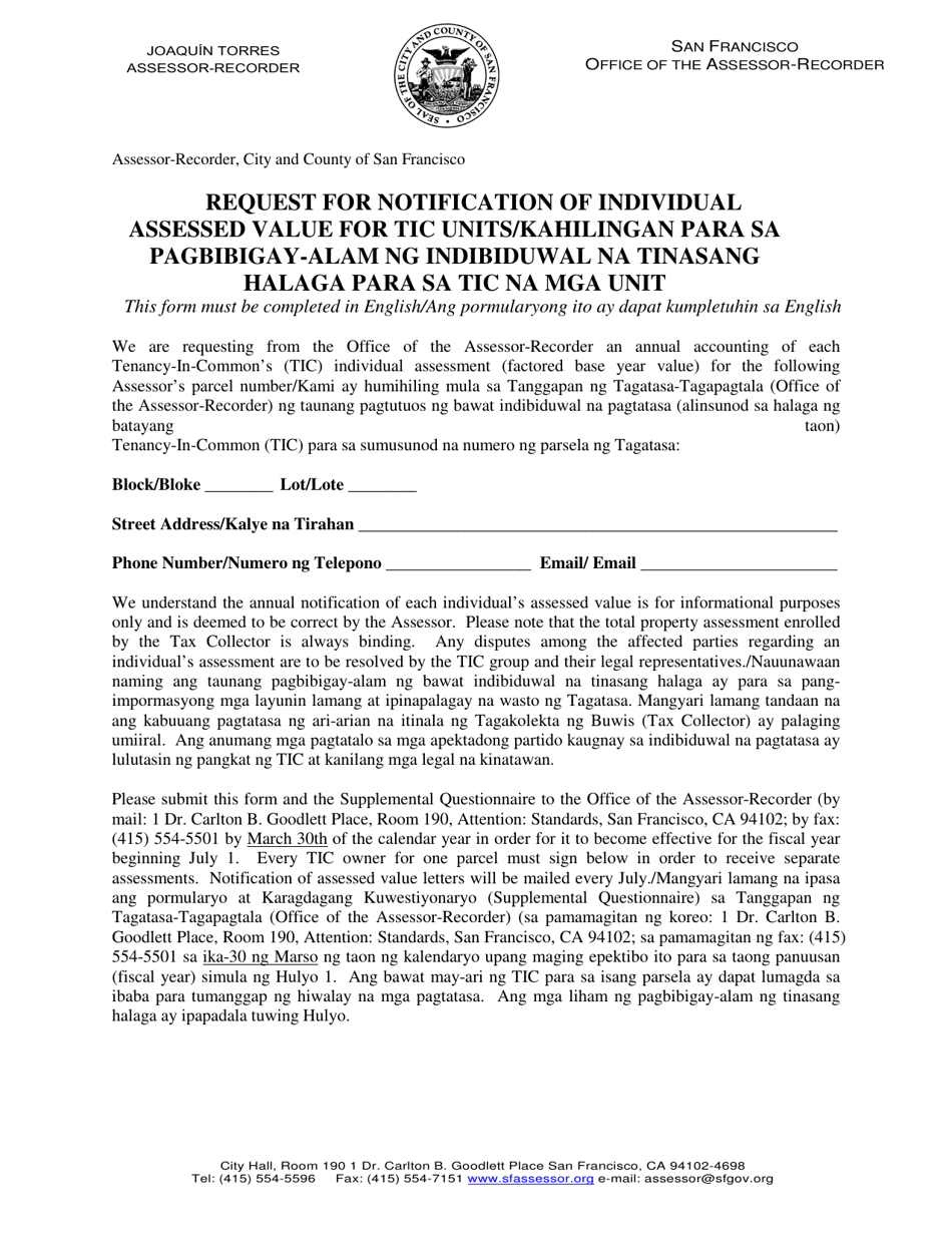 Request for Notification of Individual Assessed Value for Tic Units - City and County of San Francisco, California (English / Tagalog), Page 2