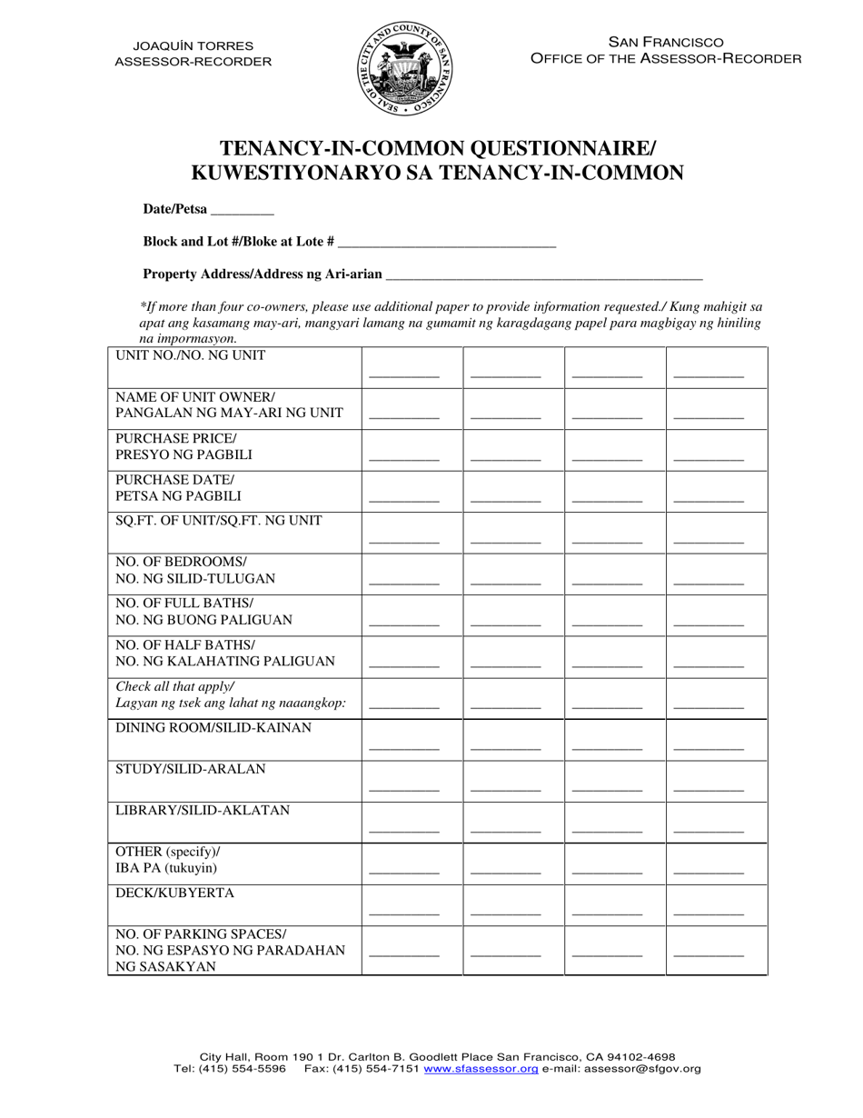 Request for Notification of Individual Assessed Value for Tic Units - City and County of San Francisco, California (English / Tagalog), Page 4
