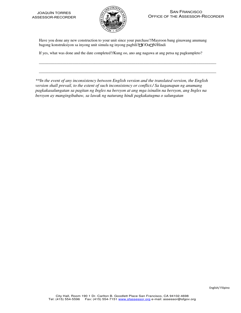 Request for Notification of Individual Assessed Value for Tic Units - City and County of San Francisco, California (English / Tagalog), Page 5