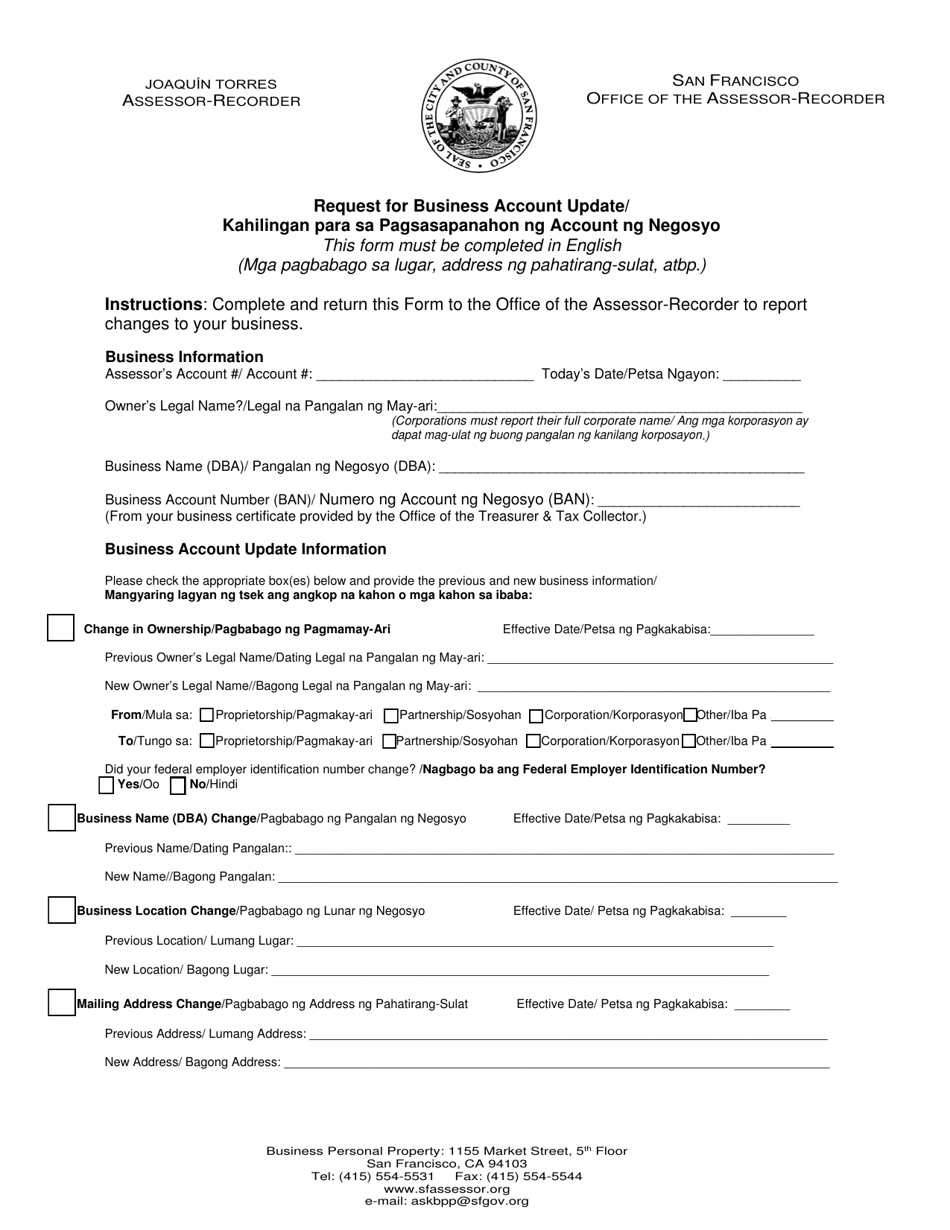 Request for Changes to Business Personal Property Account - City and County of San Francisco, California (English/Tagalog), Page 1