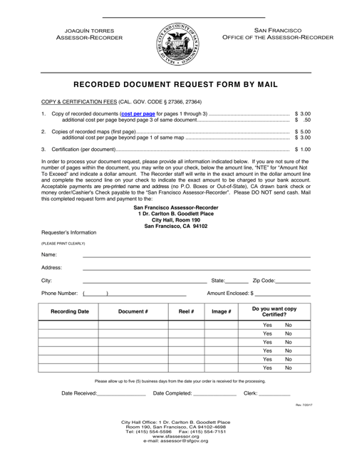 Recorded Document Request Form by Mail - City and County of San Francisco, California Download Pdf