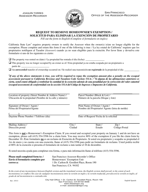 Document preview: Request to Remove Homeowner's Exemption - City and County of San Francisco, California (English/Spanish)