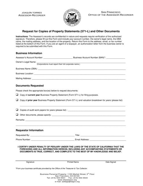 Request for Copies of Property Statements (571-l) and Other Documents - City and County of San Francisco, California Download Pdf