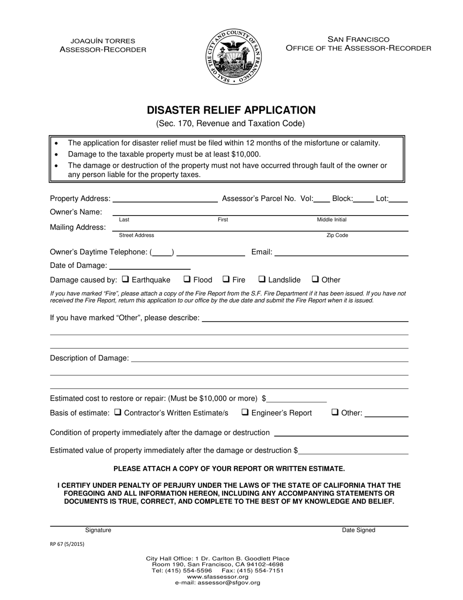 Form RP67 Disaster Relief Application - City and County of San Francisco, California, Page 1