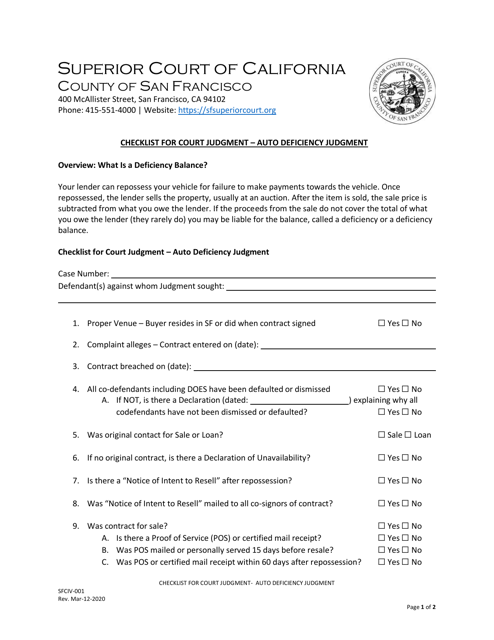 Form SFCIV-001 Checklist for Court Judgment - Auto Deficiency Judgment - County of San Francisco, California