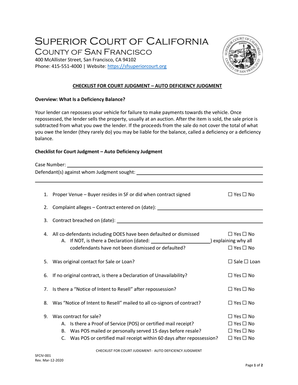 Form SFCIV-001 Checklist for Court Judgment - Auto Deficiency Judgment - County of San Francisco, California, Page 1