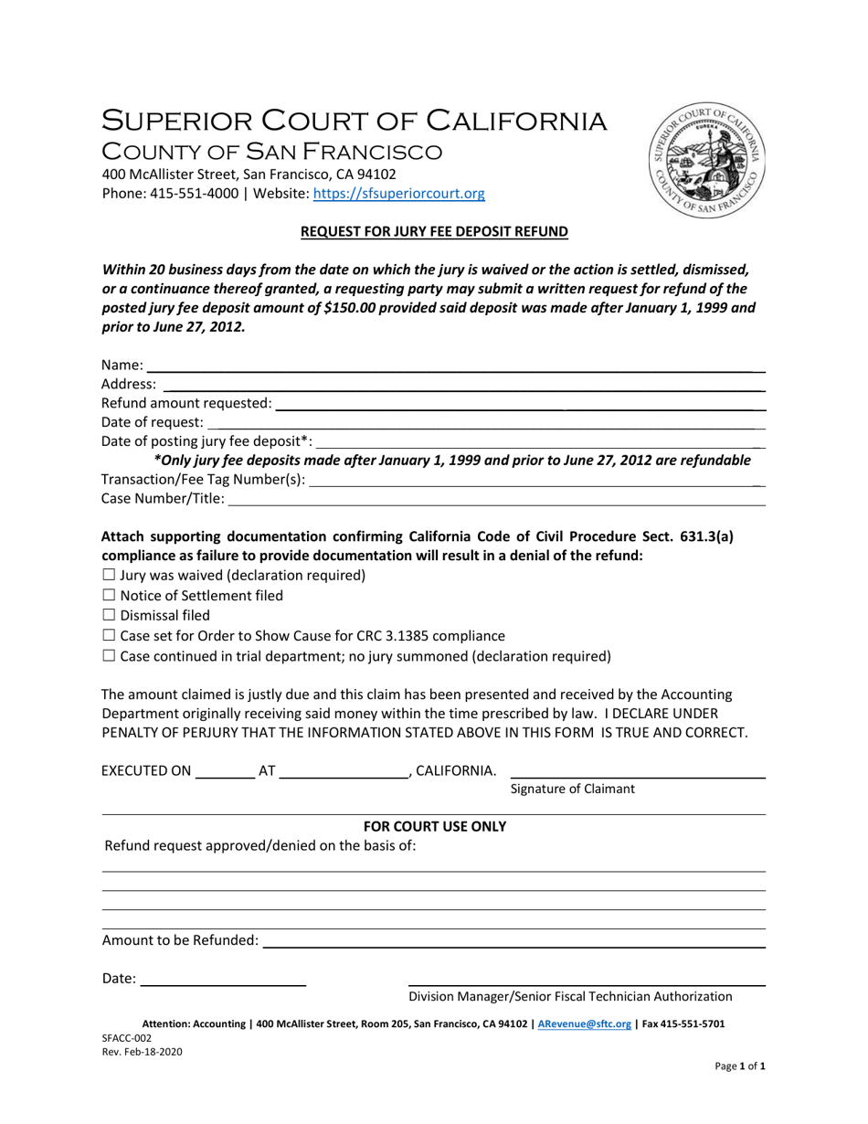 Form SFACC-002 Request for Jury Fee Deposit Refund - County of San Francisco, California, Page 1