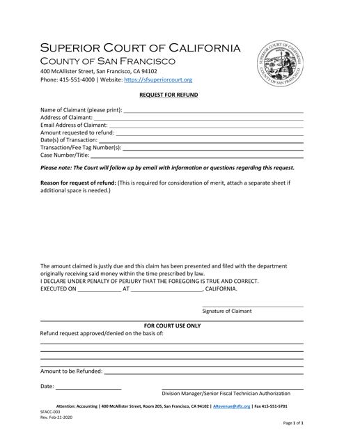 Form SFACC-003 Request for Refund - County of San Francisco, California