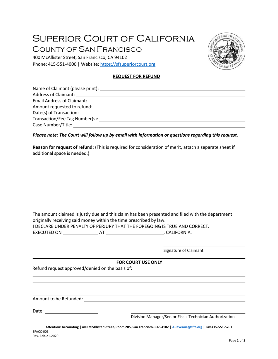 Form SFACC-003 Request for Refund - County of San Francisco, California, Page 1