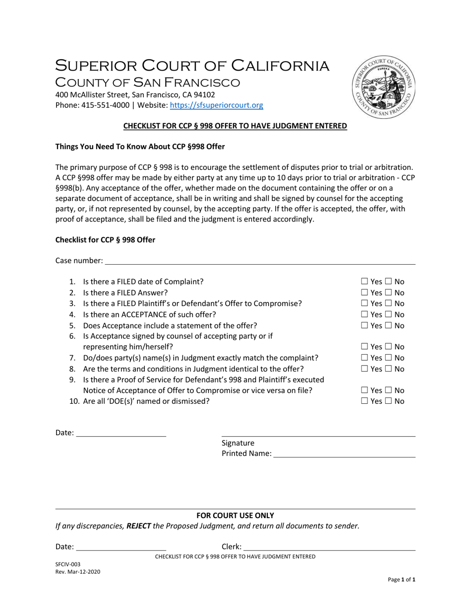 Form SFCIV-003 Checklist for Ccp 998 Offer to Have Judgment Entered - County of San Francisco, California, Page 1