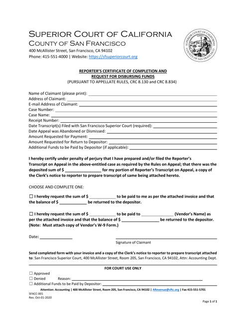 Document preview: Form SFACC-001 Reporter's Certificate of Completion and Request for Disbursing Funds - County of San Francisco, California