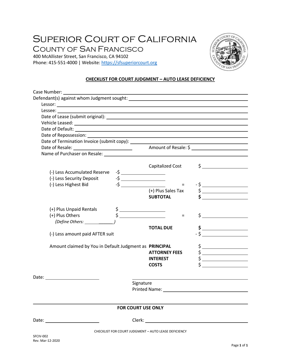 Form SFCIV-002 Checklist for Court Judgment - Auto Lease Deficiency - County of San Francisco, California, Page 1