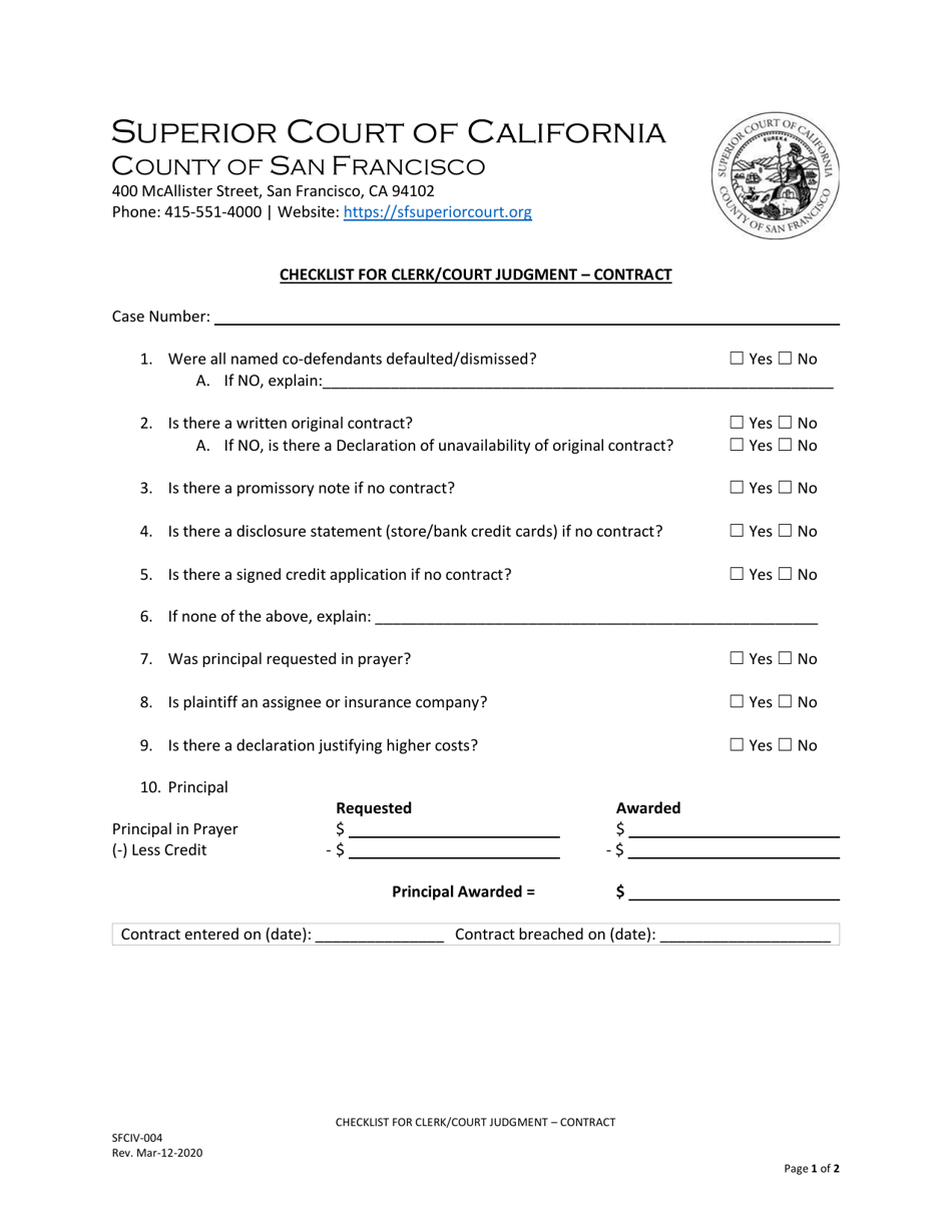 Form SFCIV-004 Checklist for Clerk/Court Judgment - Contract - County of San Francisco, California, Page 1