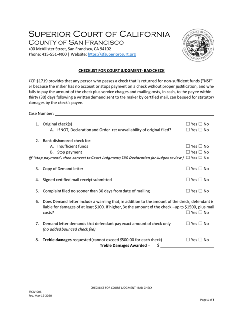 Form SFCIV-006 Checklist for Court Judgment - Bad Check - County of San Francisco, California